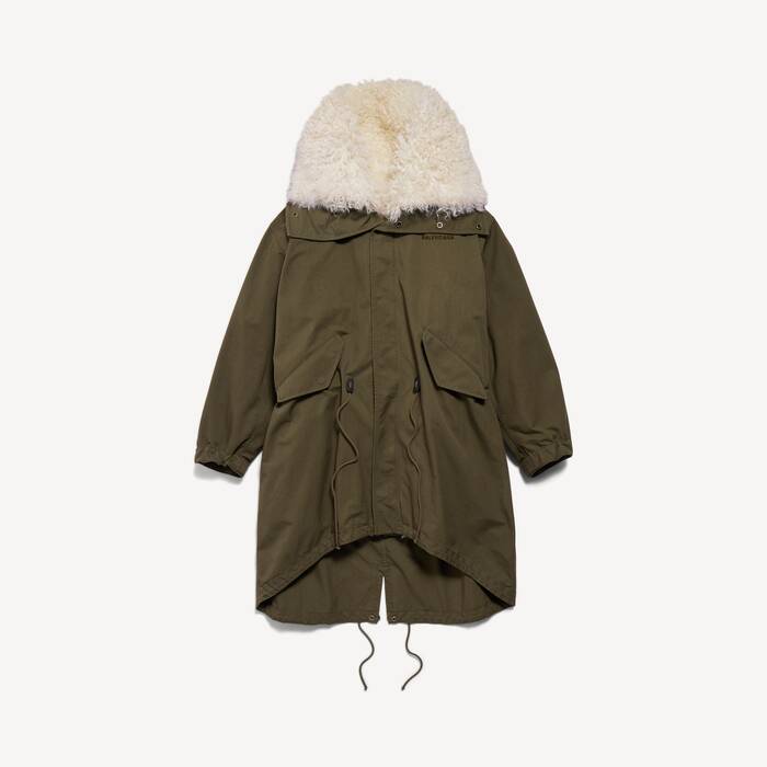 high collar fishtail parka with shearling detachable lining