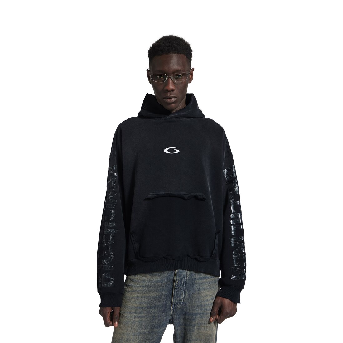 Men's Transparent Tape Ripped Pocket Hoodie in Faded Black/white