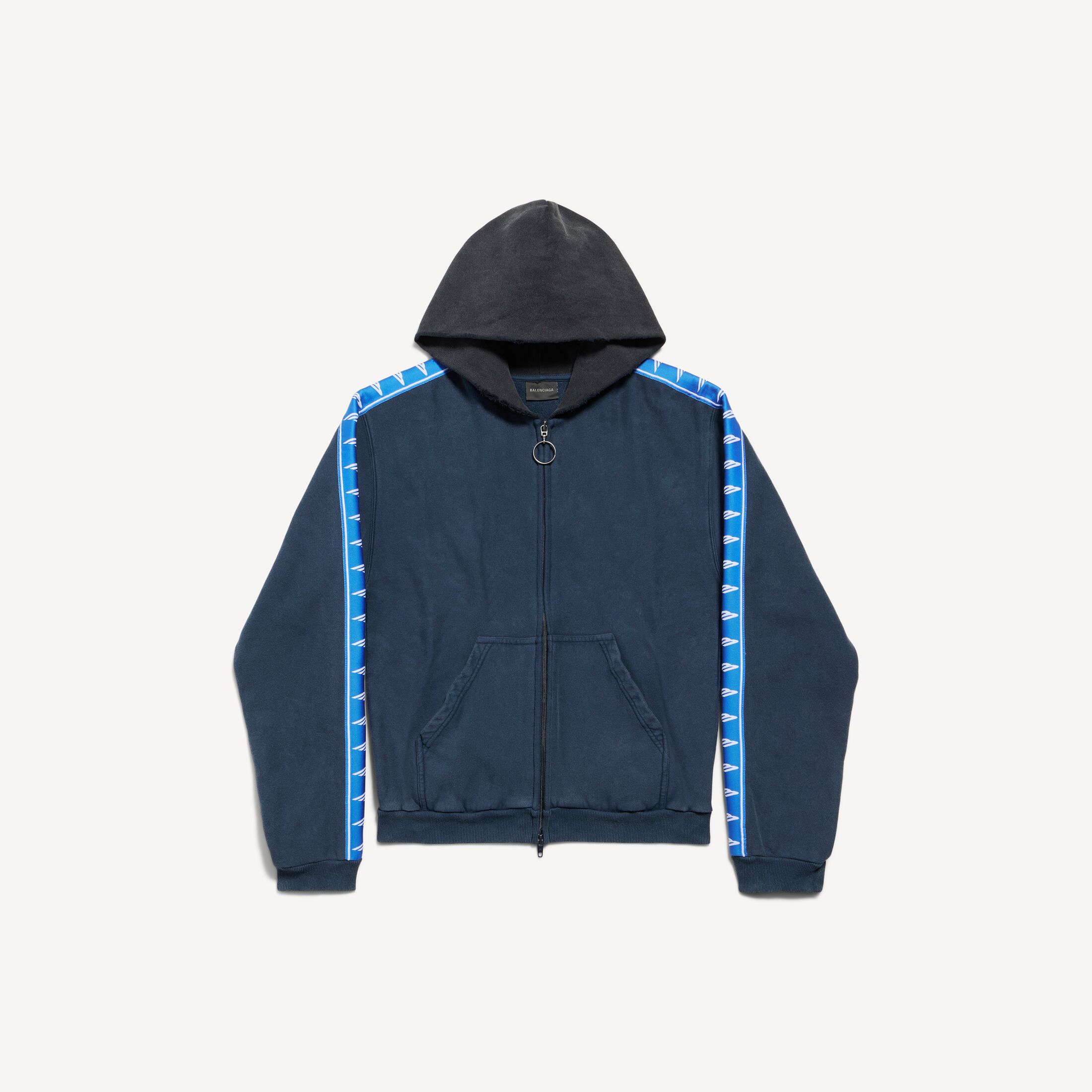 stripe patched hood zip-up hoodie