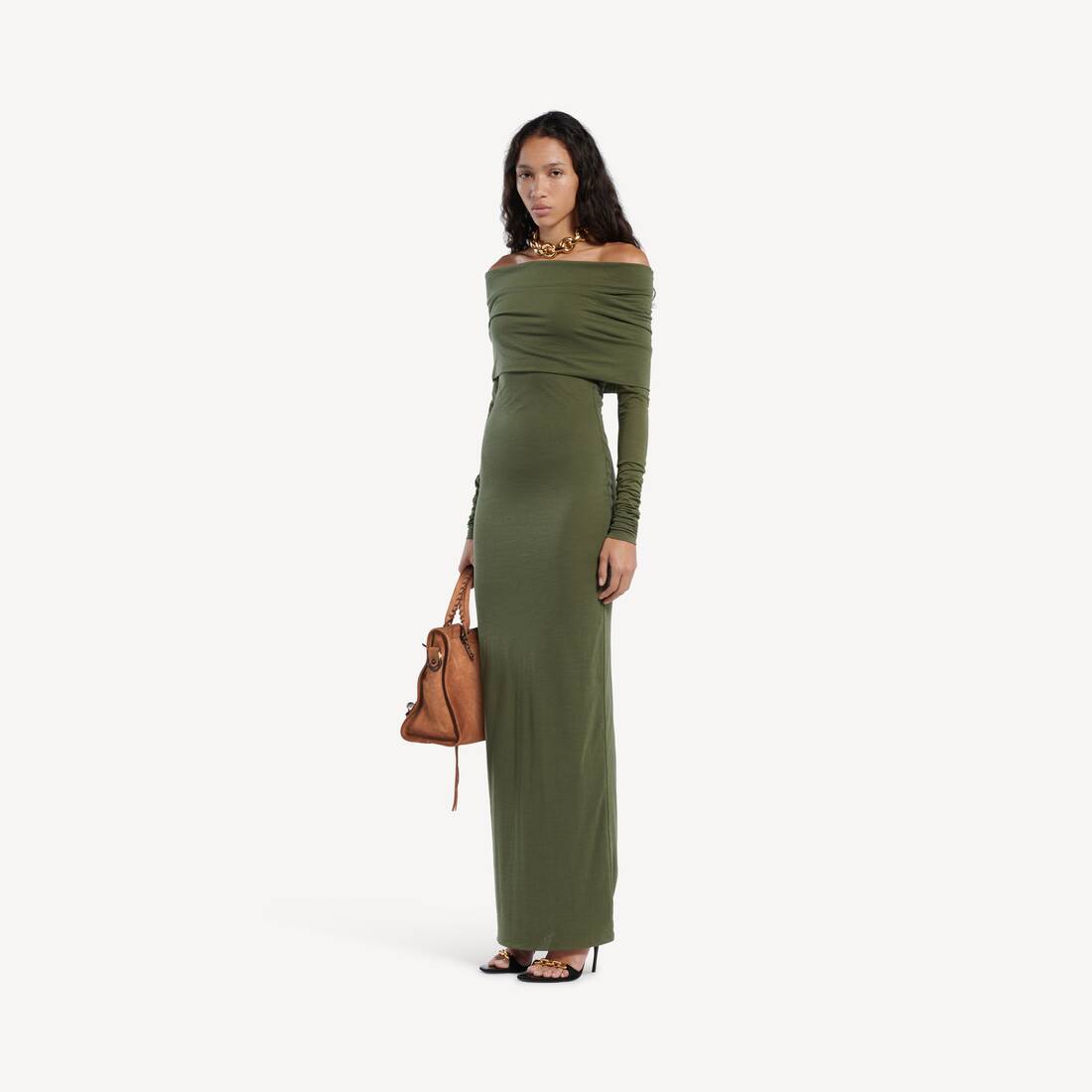 Women's Long Sleeve Off-shoulder Dress in Military Green | Balenciaga Australia EN - Image 2