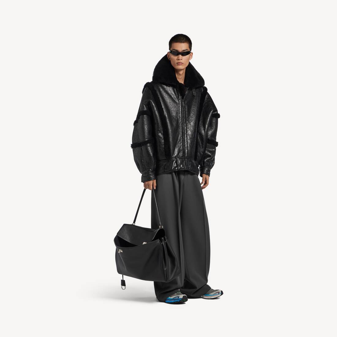 Men's High Collar Leather Jacket With Shearling Details And Lining in Black | Balenciaga Australia EN - Image 2