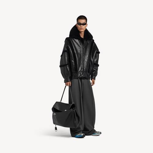 high collar leather jacket with shearling details and lining