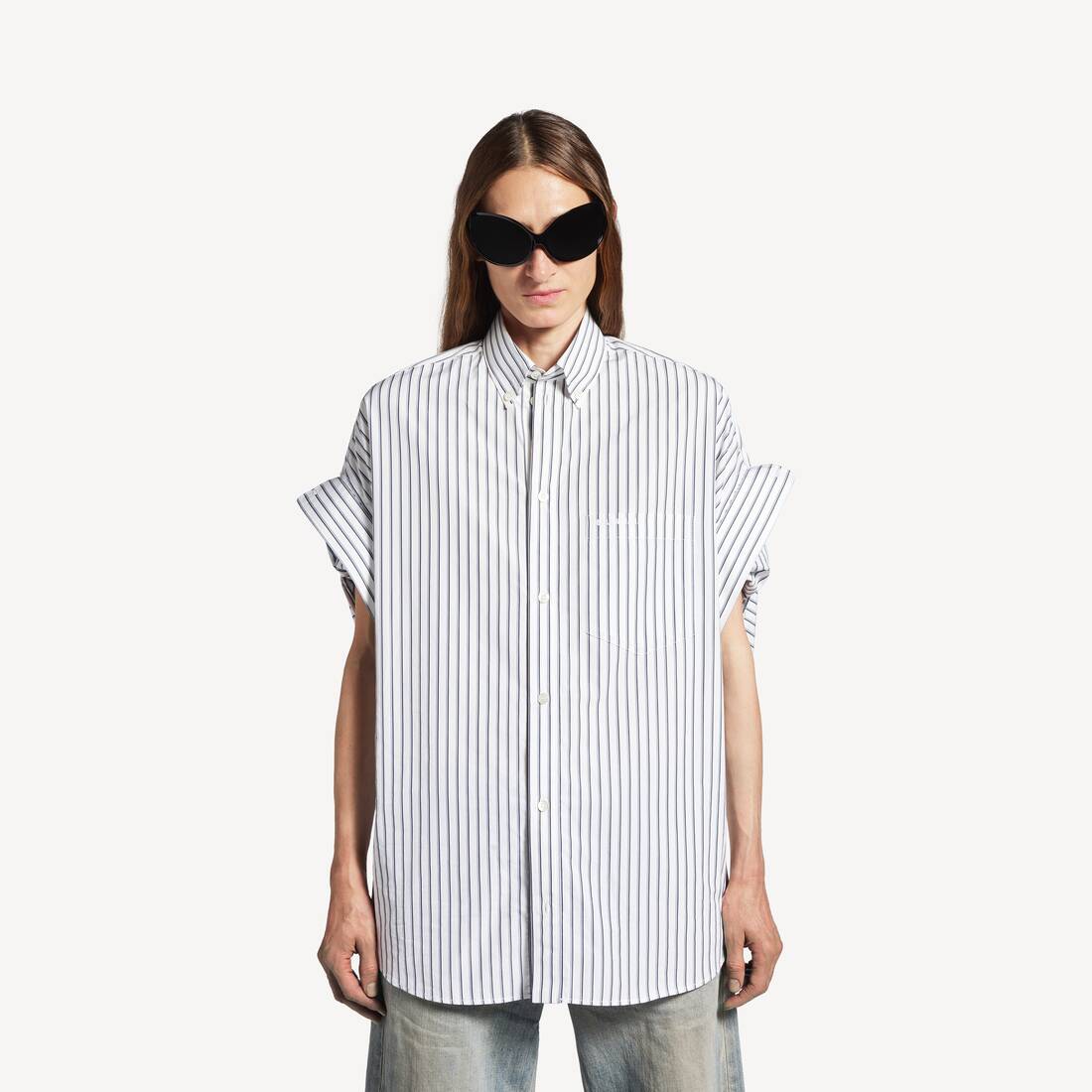 balenciaga dress shirt women's Balenciaga Blue Striped Logo Graphic Cotton Oversized Shirt S