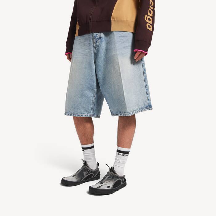 Men's Denim Stay Press Shorts in Bleach Light Bleu - Men | Balenciaga Australia EN - Image 3