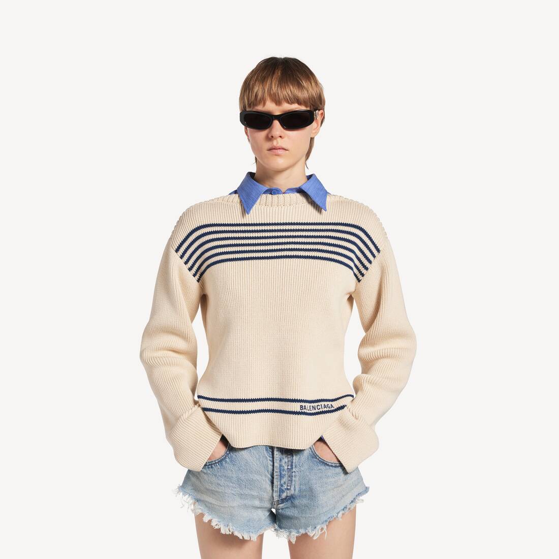 Women's Boatneck Sweater in Navy/white | Balenciaga Denmark EN - Image 5