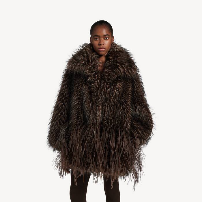 Women's Faux Fur Coat With Sequins Feathers Embroidery in Brown - Women | Balenciaga Thailand EN - Image 1