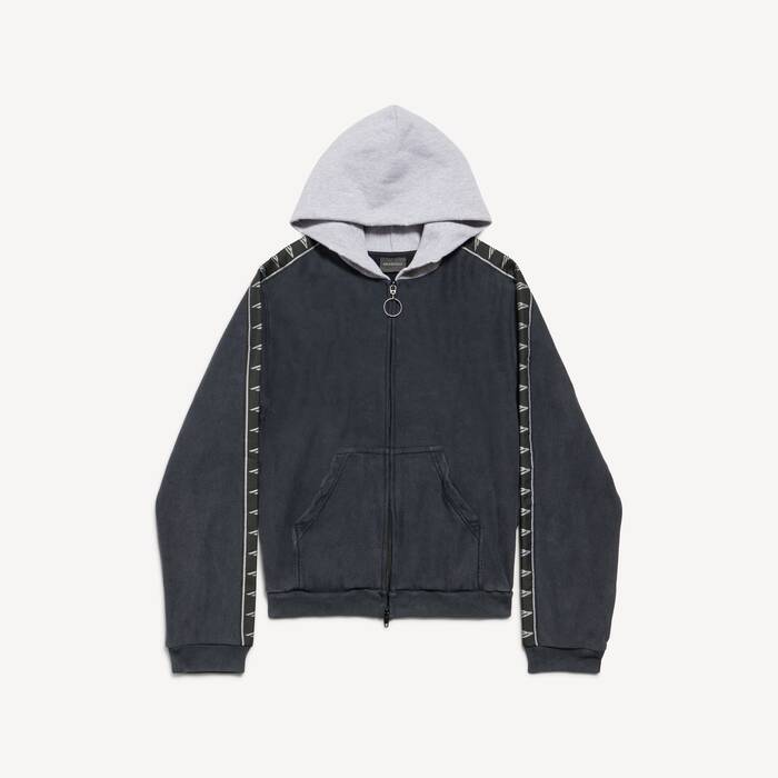 stripe patched hood hoodie拉链连帽卫衣