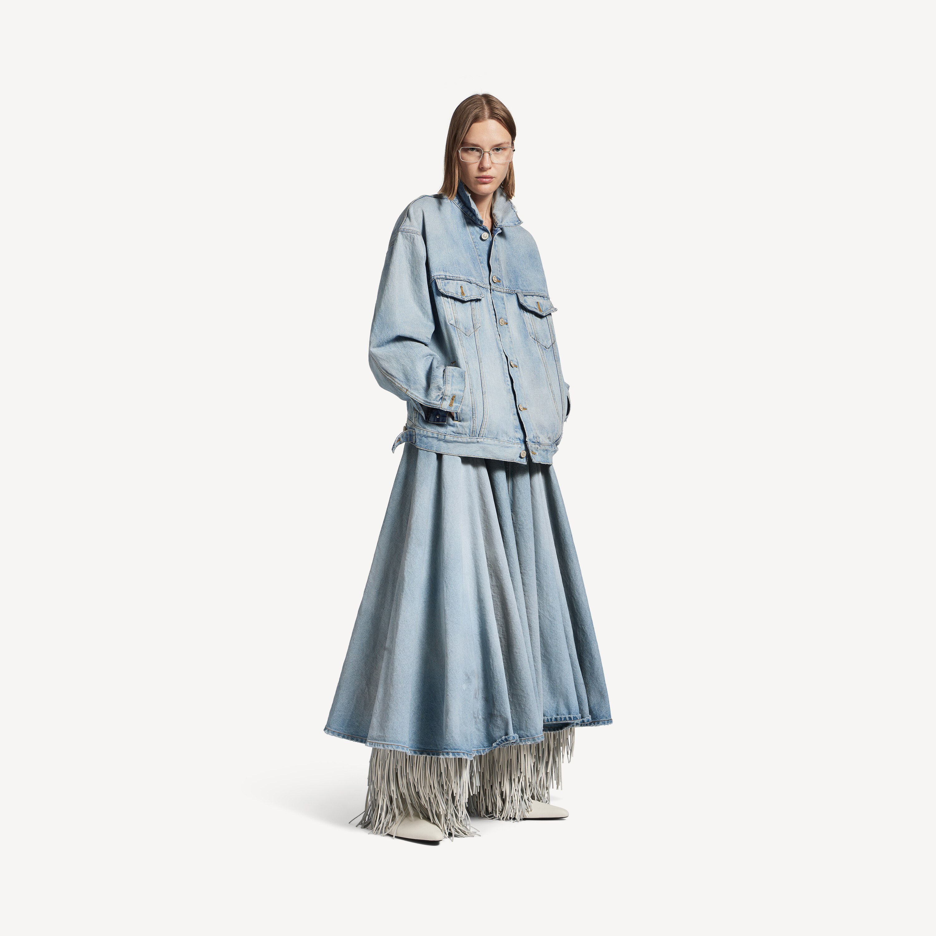 BALENCIAGA コットン スカート ダーティーエフェクト ライト ブルー の ウィメンズ Godet Maxi