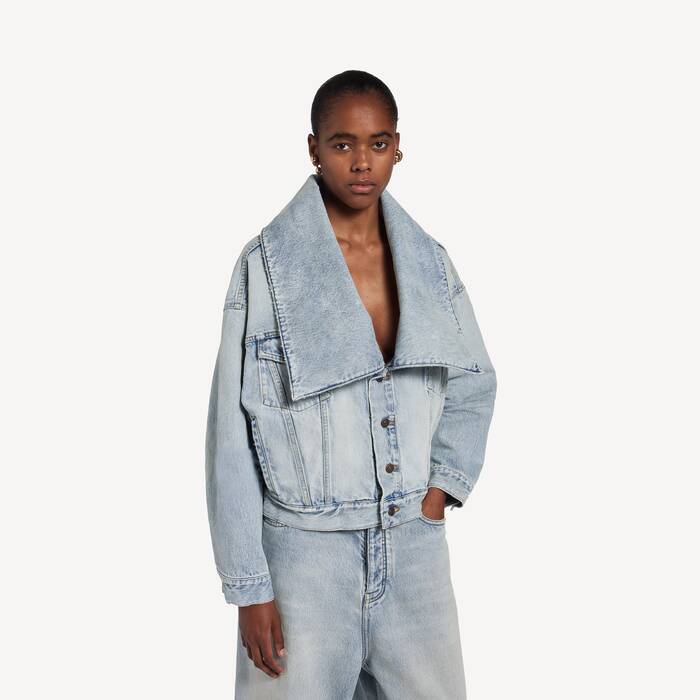 Women's Standing Collar Boxy Jacket in Bleach Light Bleu - Women | Balenciaga United States EN - Image 1