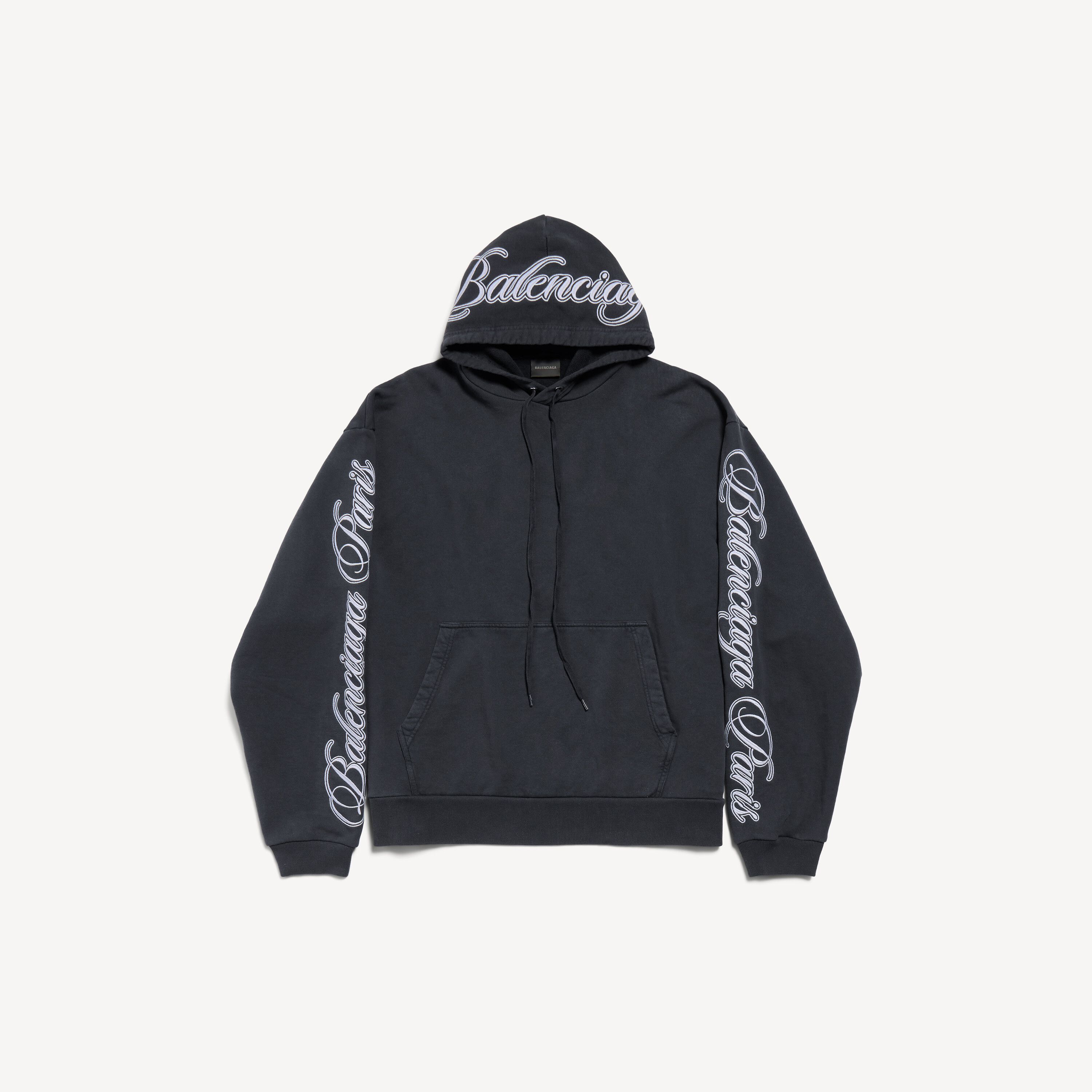 Men's Cursive Oversized Hoodie in Washed Black/white
