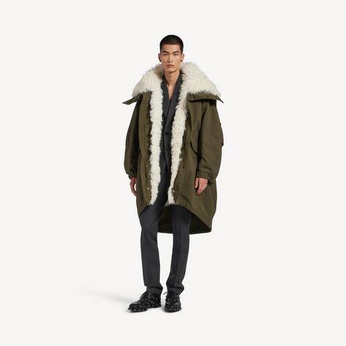 high collar fishtail parka with shearling detachable lining