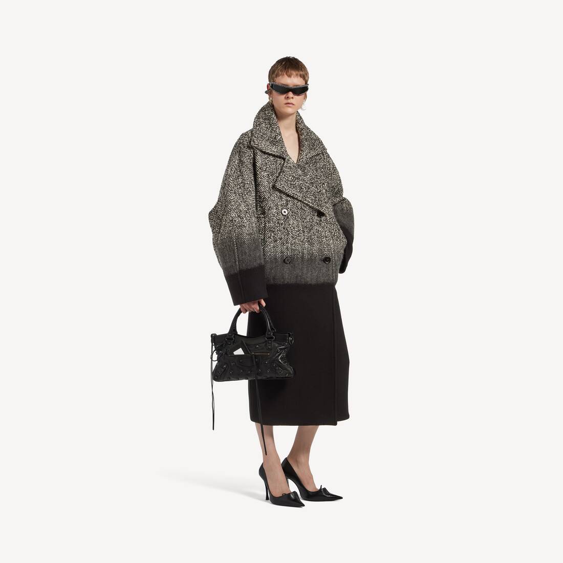 Women's Long Cocoon Coat in Black/white | Balenciaga Spain EN - Image 2