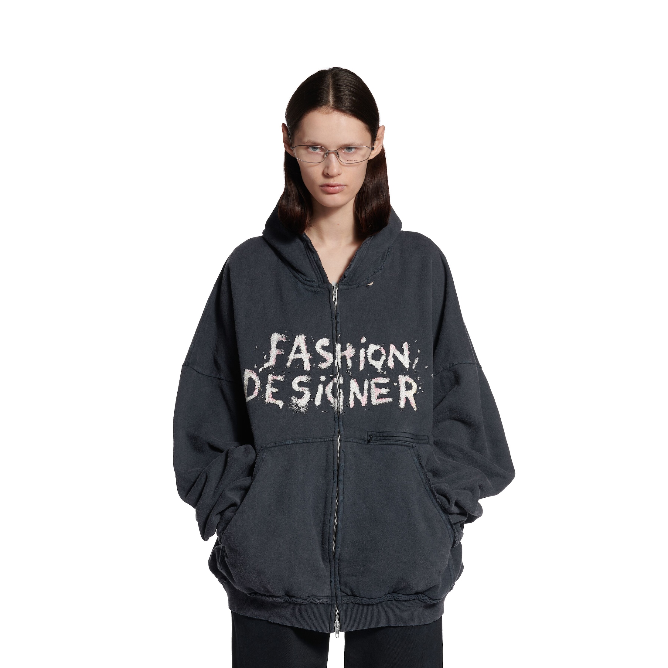 fashion designer pulled zip-up hoodie large fit