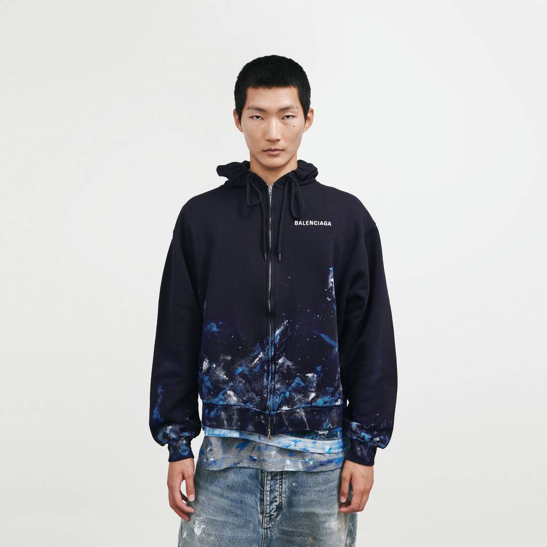 Men's Paint Splatter Oversized Zip-up Hoodie in Navy | Balenciaga Estonia EN - Image 3