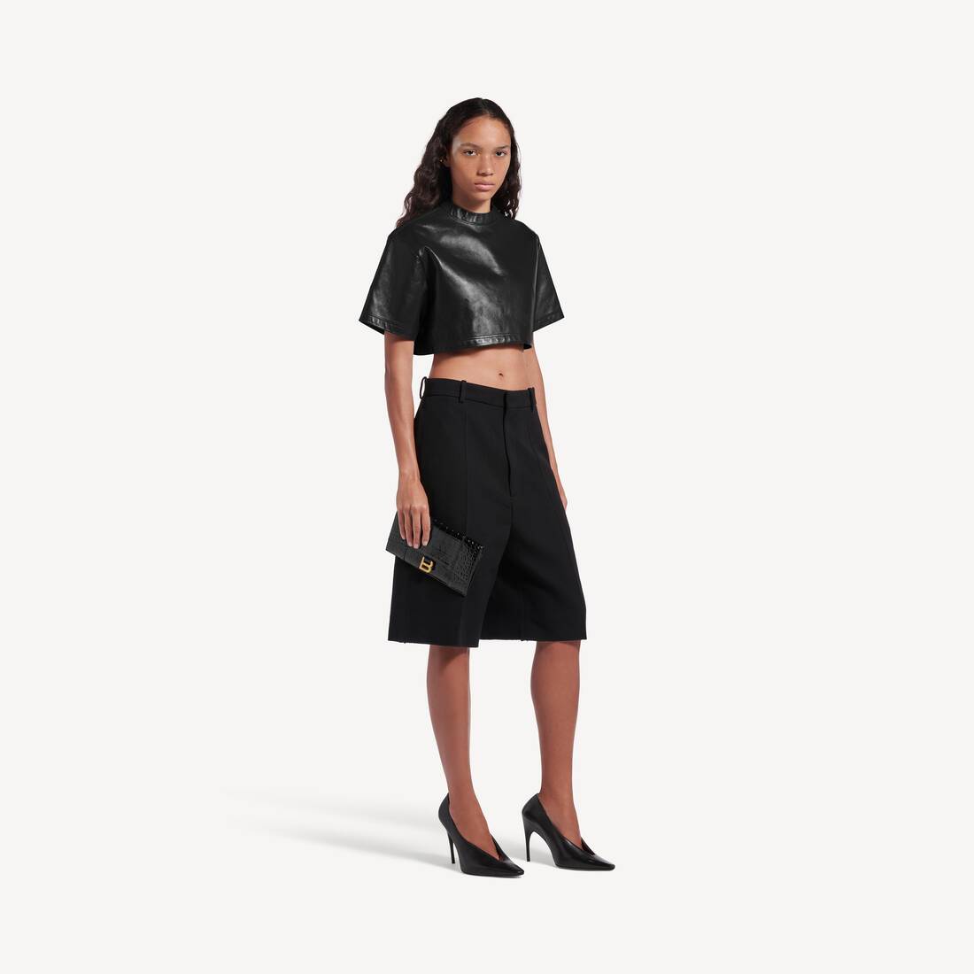 Women's Hourglass Small Flat Pouch With Flap Crocodile Embossed  in Black | Balenciaga New Zealand EN - Image 5