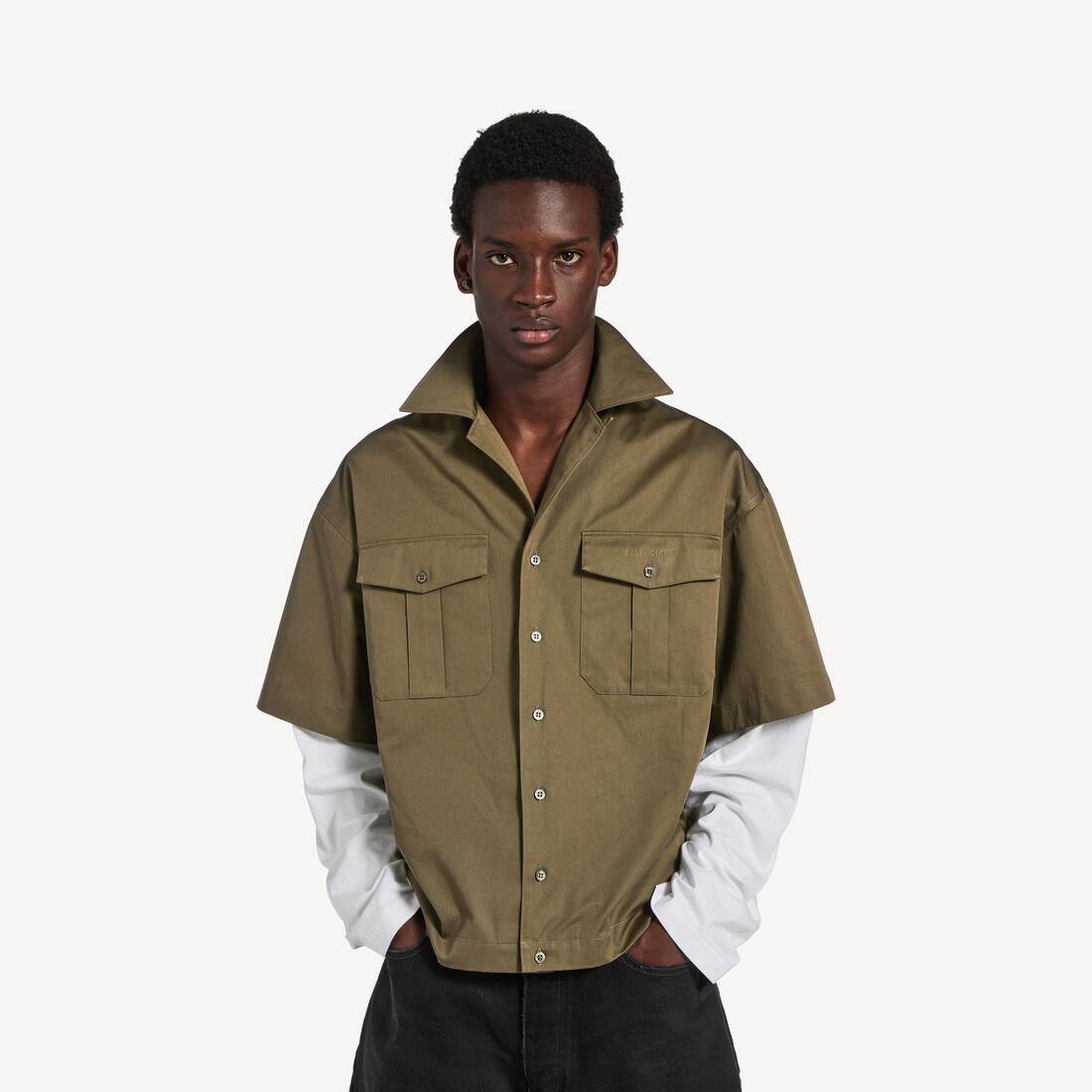 Men's Short Sleeves Hybrid Bowling Shirt in Khaki | Balenciaga United States EN - Image 5