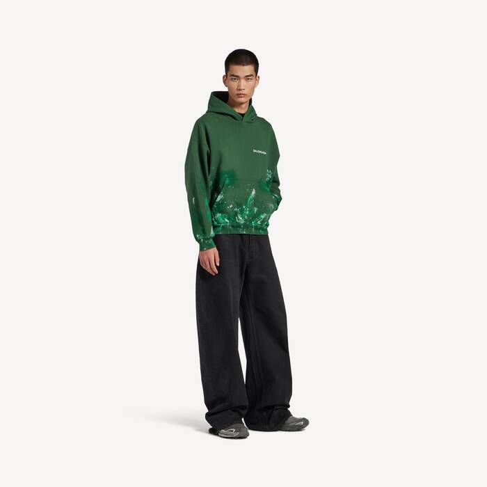 Men's Paint Splatter Medium Fit Hoodie in Bottle Green - Men | Balenciaga Netherlands EN - Image 3