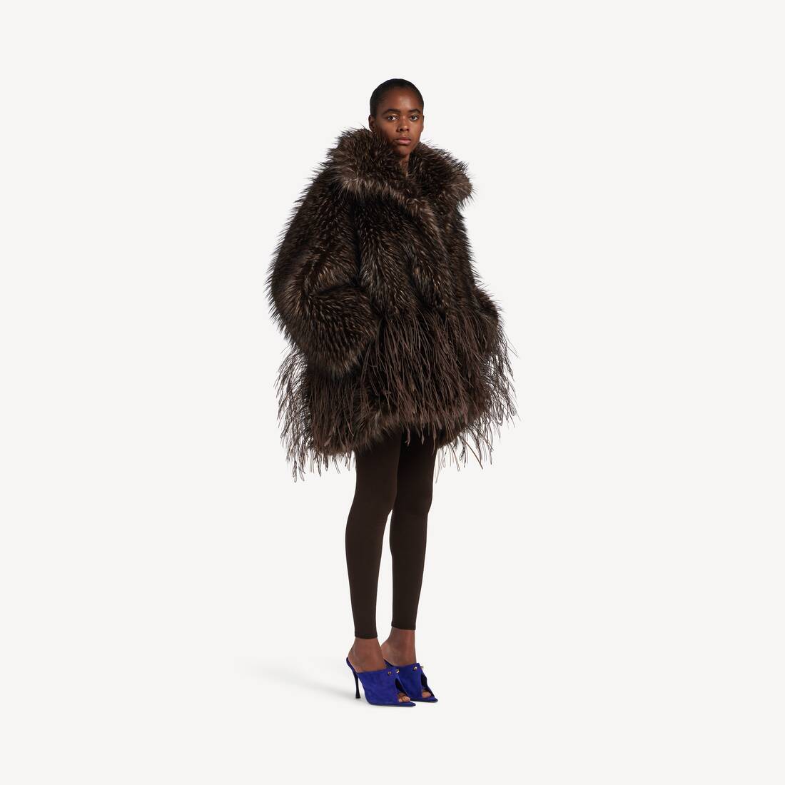 Women's Faux Fur Coat With Sequins Feathers Embroidery in Brown | Balenciaga Thailand EN - Image 2