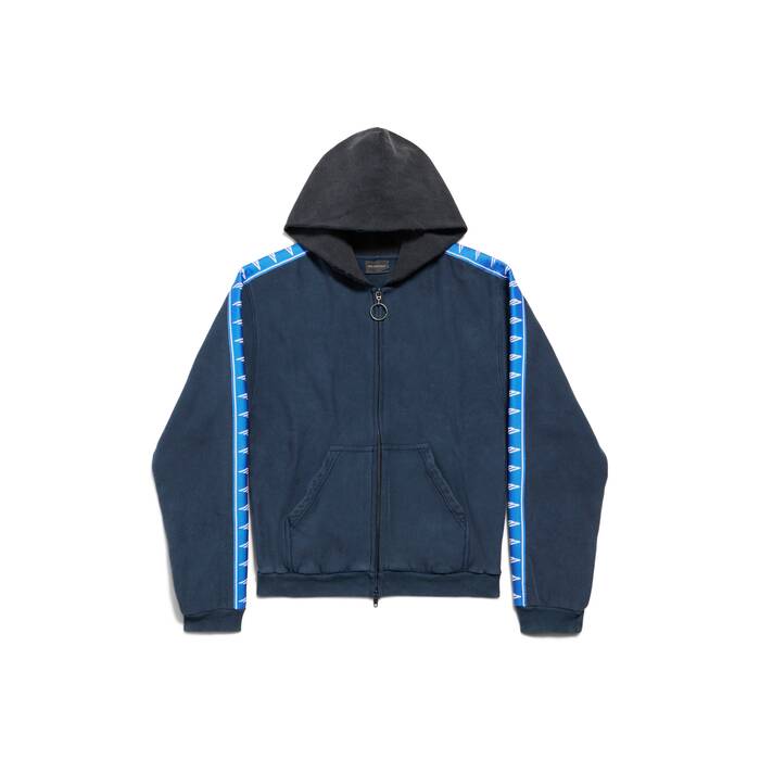 stripe patched hood zip-up hoodie