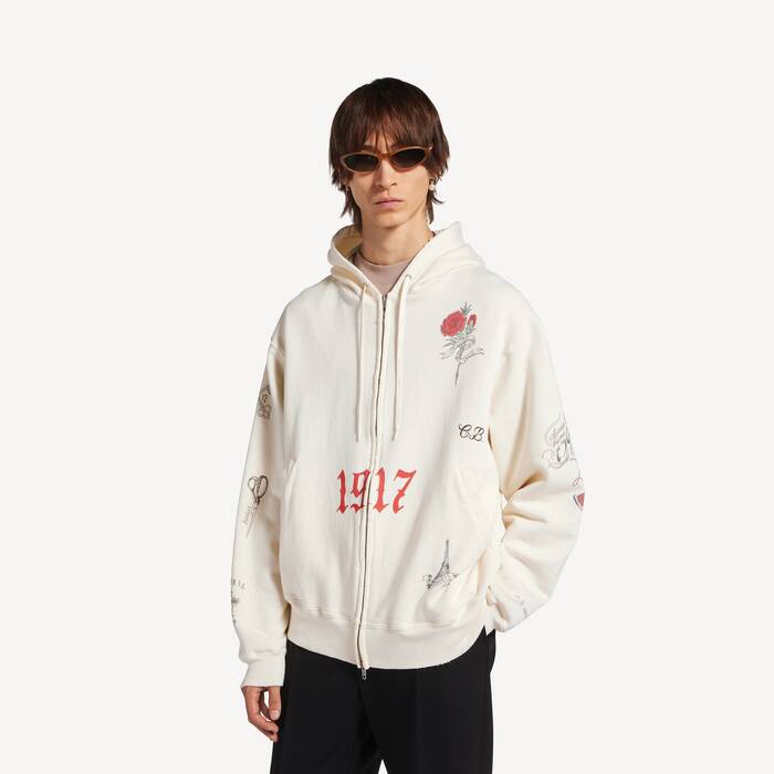 Men's Tattoo Oversized Zip-up Hoodie in Cream - Men | Balenciaga Netherlands EN - Image 1