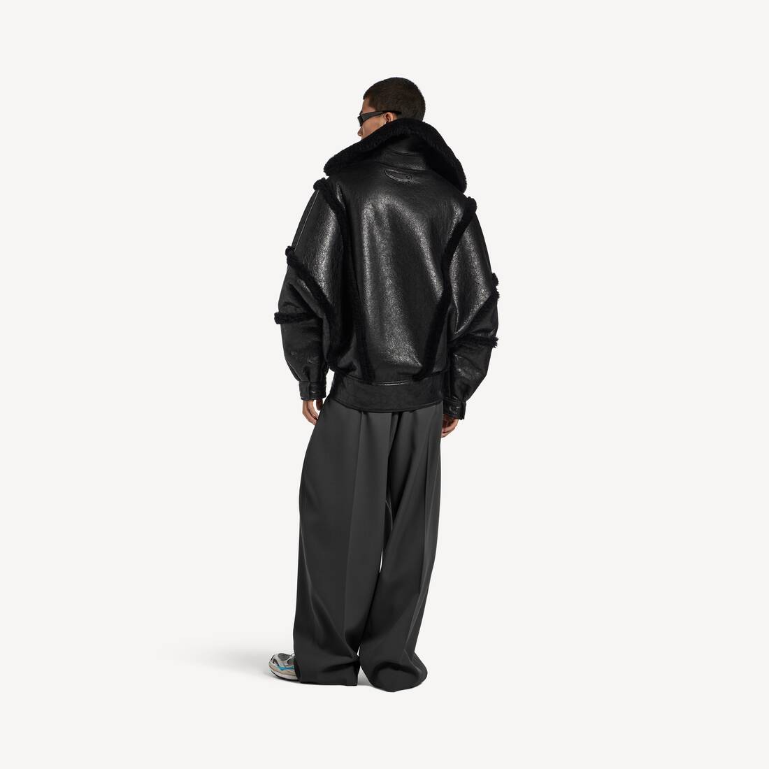 Men's High Collar Leather Jacket With Shearling Details And Lining in Black | Balenciaga Australia EN - Image 4
