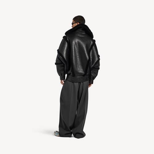 high collar leather jacket with shearling details and lining