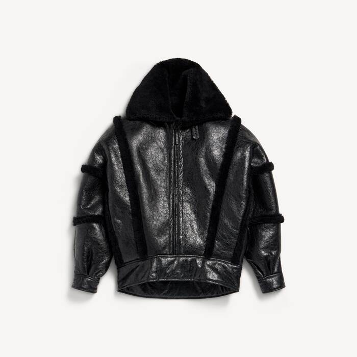 Men's High Collar Leather Jacket With Shearling Details And Lining in Black - Men | Balenciaga Australia EN - Image 2