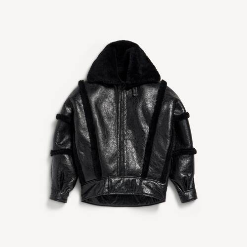 high collar leather jacket with shearling details and lining