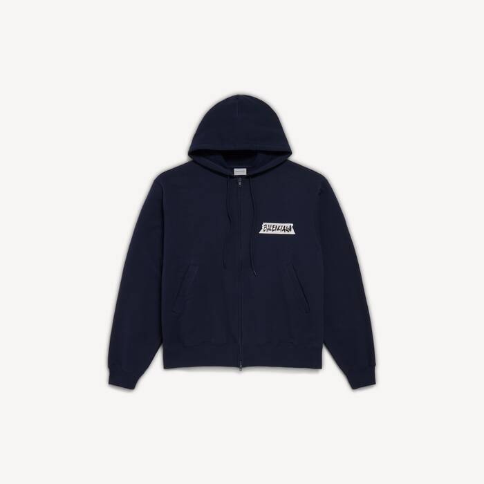 Men's Masking Tape Oversized Zip-up Hoodie in Navy - Men | Balenciaga Netherlands EN - Image 2