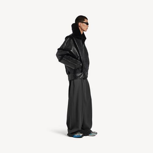 high collar leather jacket with shearling details and lining
