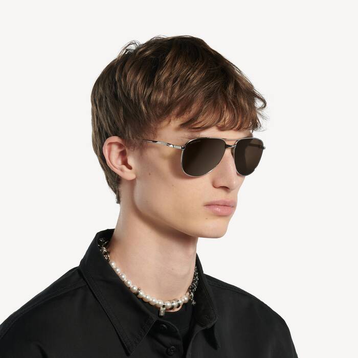 Men's Monday Pilot Sunglasses in Shiny Silver - Men | Balenciaga United States EN - Image 3