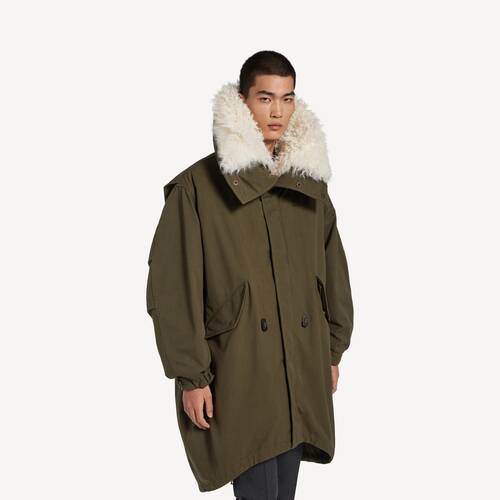 high collar fishtail parka with shearling detachable lining