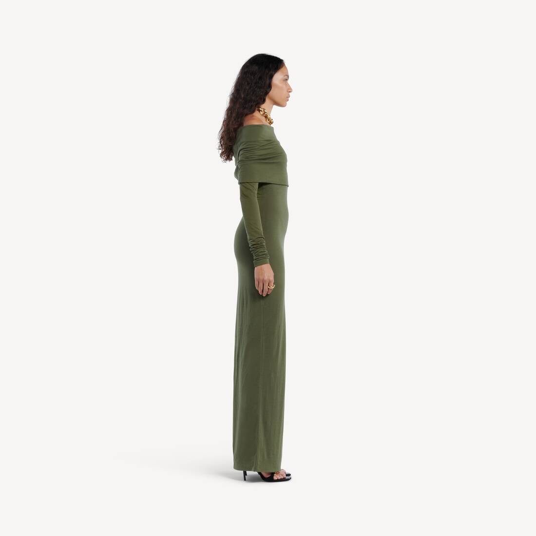 Women's Long Sleeve Off-shoulder Dress in Military Green | Balenciaga Australia EN - Image 3
