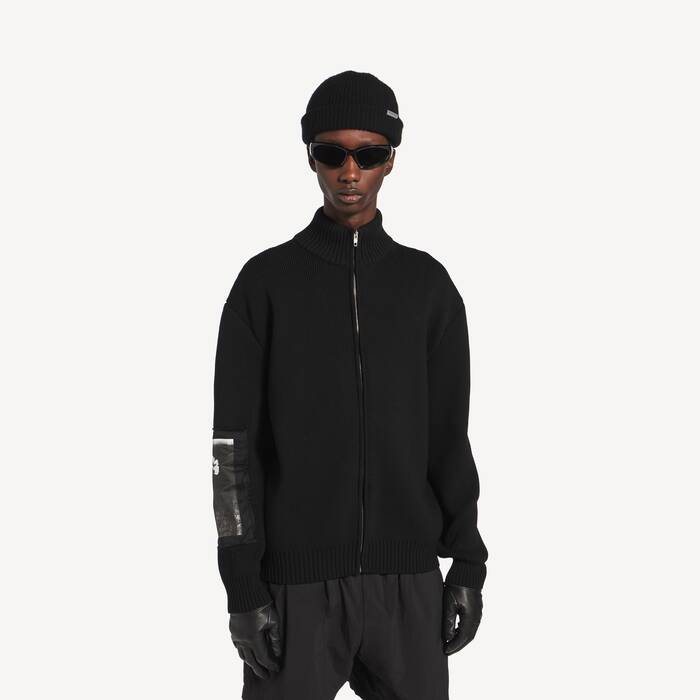 Men's Knitted Zip-up Cardigan With Patches in Black - Men | Balenciaga Australia EN - Image 1