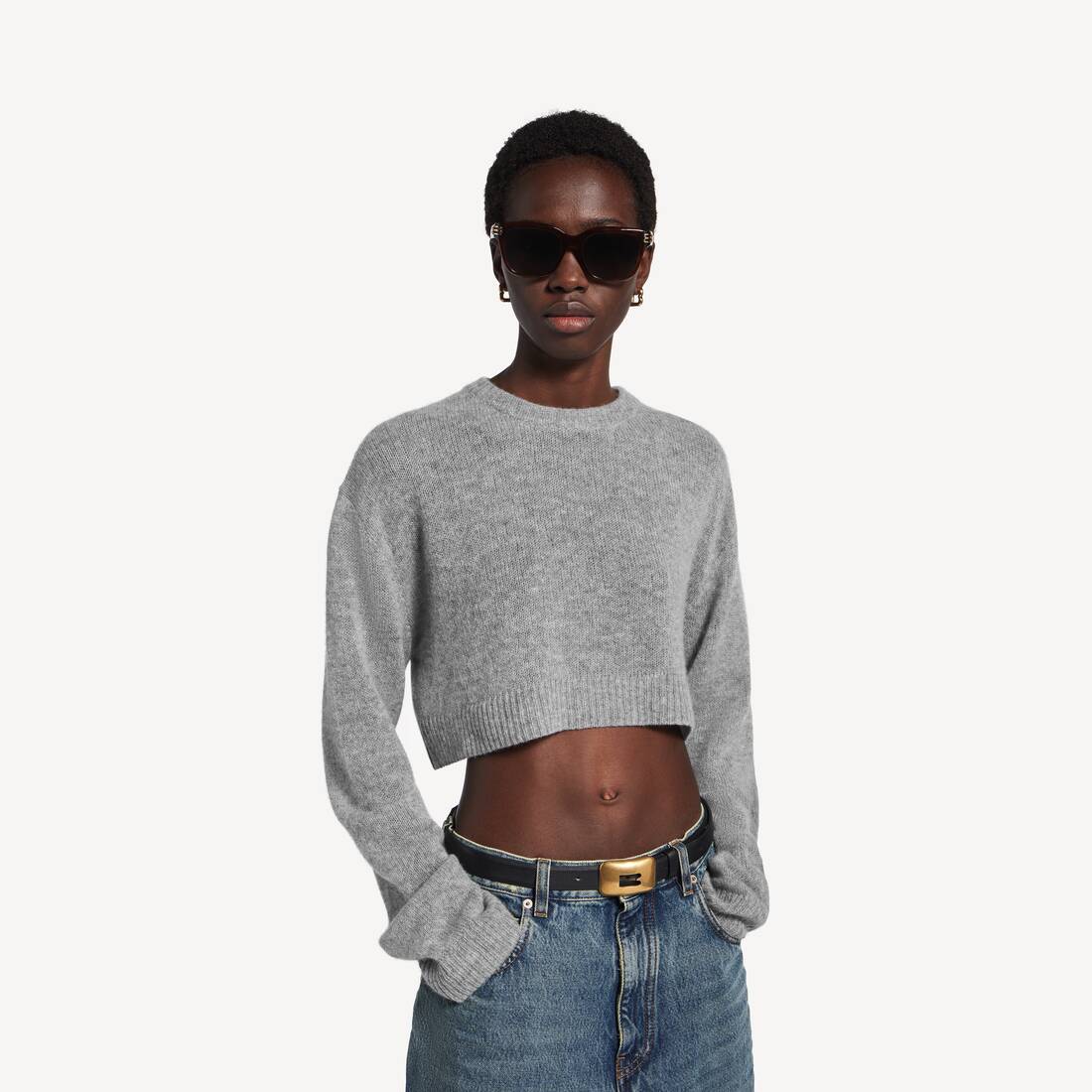 Women's Cropped Crewneck in Heather Grey | Balenciaga Sweden EN - Image 5