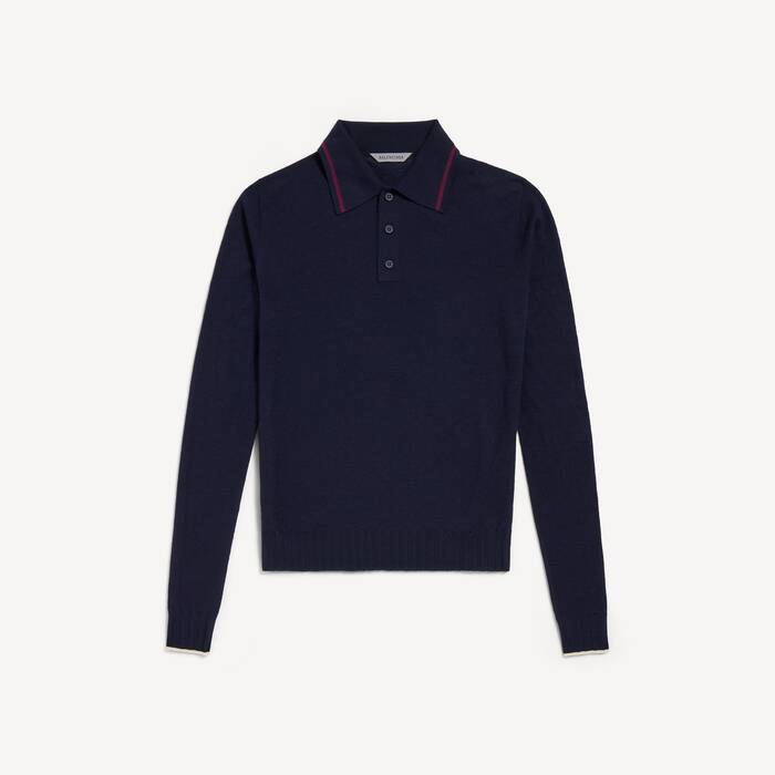 Men's Knitted Long Sleeve Polo in Navy - Men | Balenciaga United States EN - Image 1