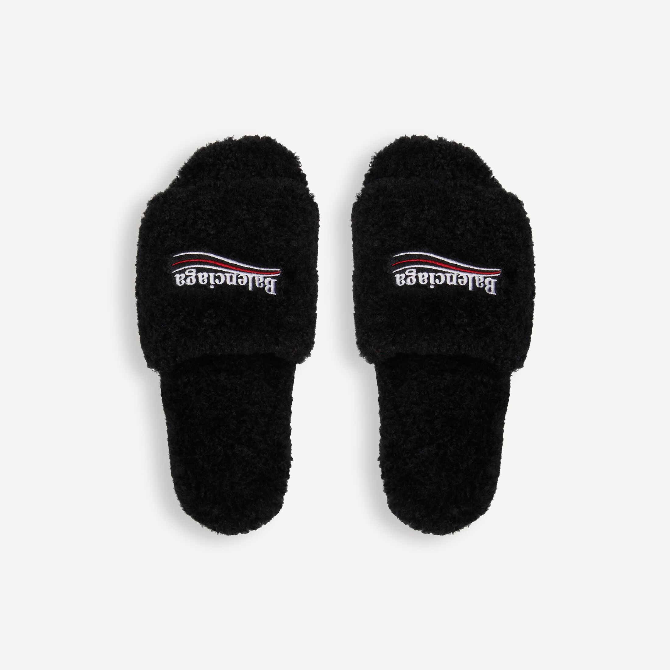 발렌시아가 남성 퍼리 오픈 뮬 블랙/화이트/레드 654747W14C21096