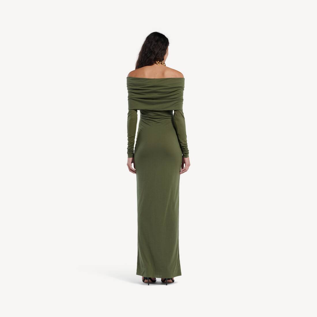 Women's Long Sleeve Off-shoulder Dress in Military Green | Balenciaga Australia EN - Image 4