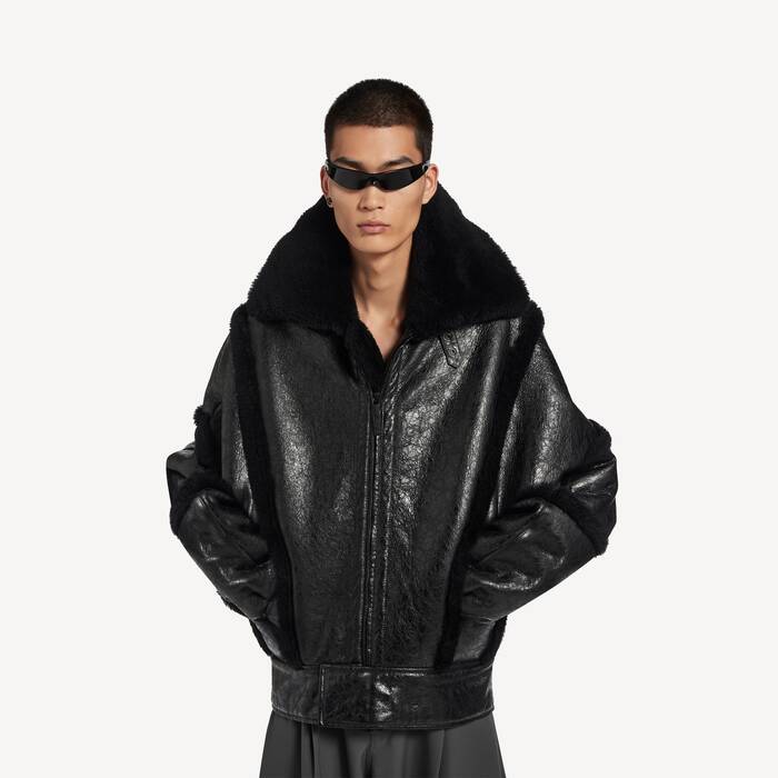 Men's High Collar Leather Jacket With Shearling Details And Lining in Black - Men | Balenciaga Australia EN - Image 1