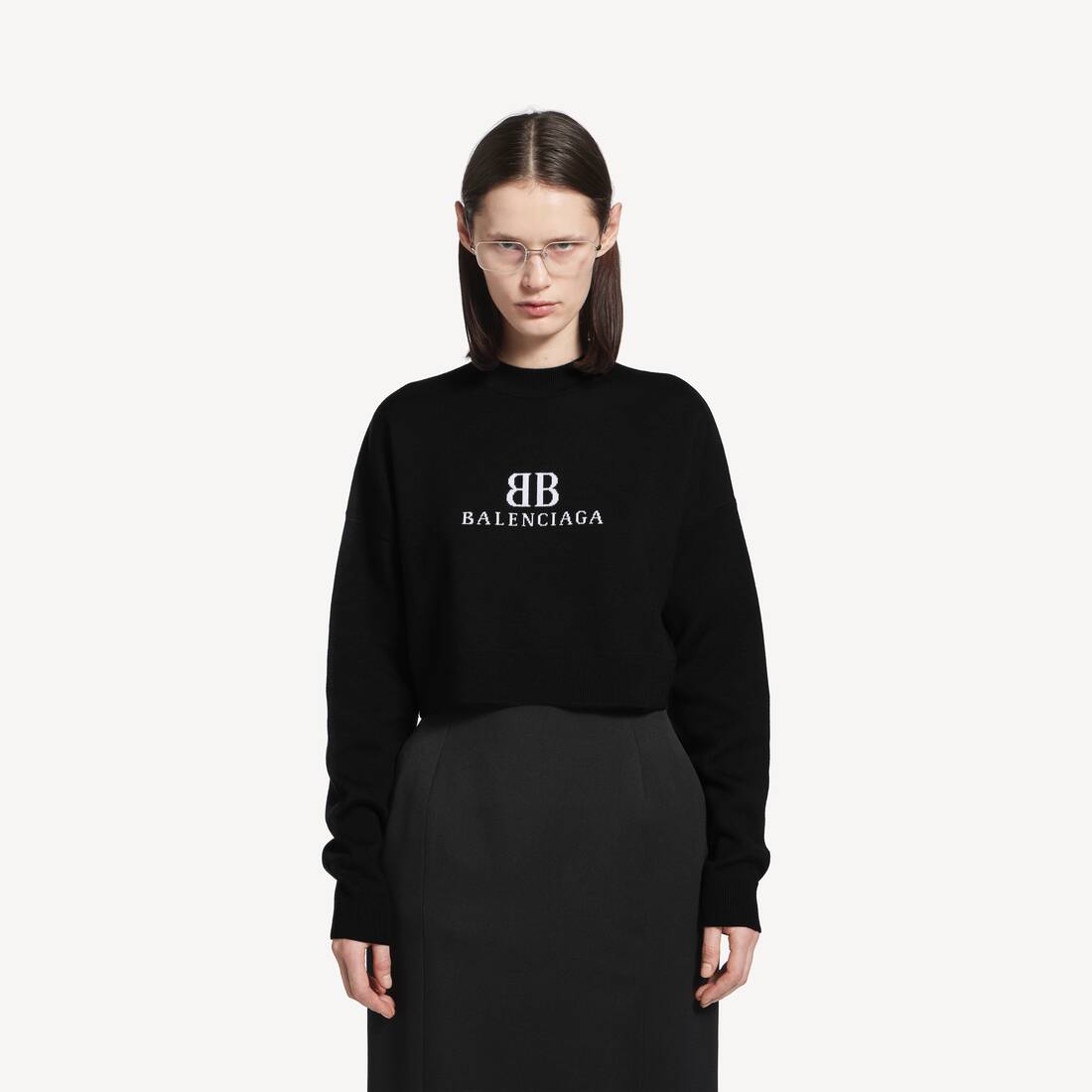 Women's Cropped Crewneck in Black/white | Balenciaga Denmark EN - Image 5