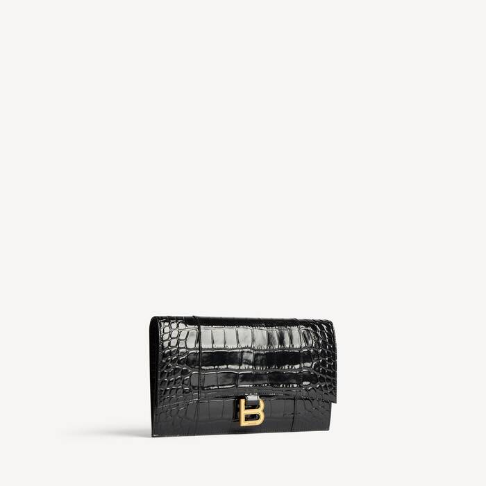 Hourglass Kleine, Flache Pochette Mit &Uuml;berschlag Und Krokodilpr&auml;gung  f&uuml;r Damen in Schwarz - Damen | Balenciaga Deutschland DE - Image 2