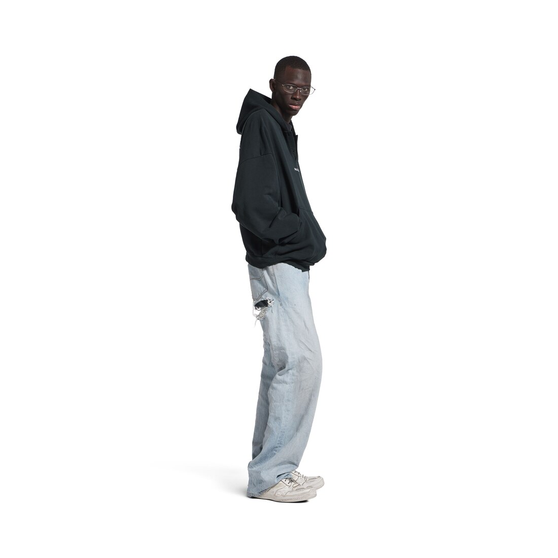 Men's Balenciaga Back Polo Hoodie in Faded Black/white