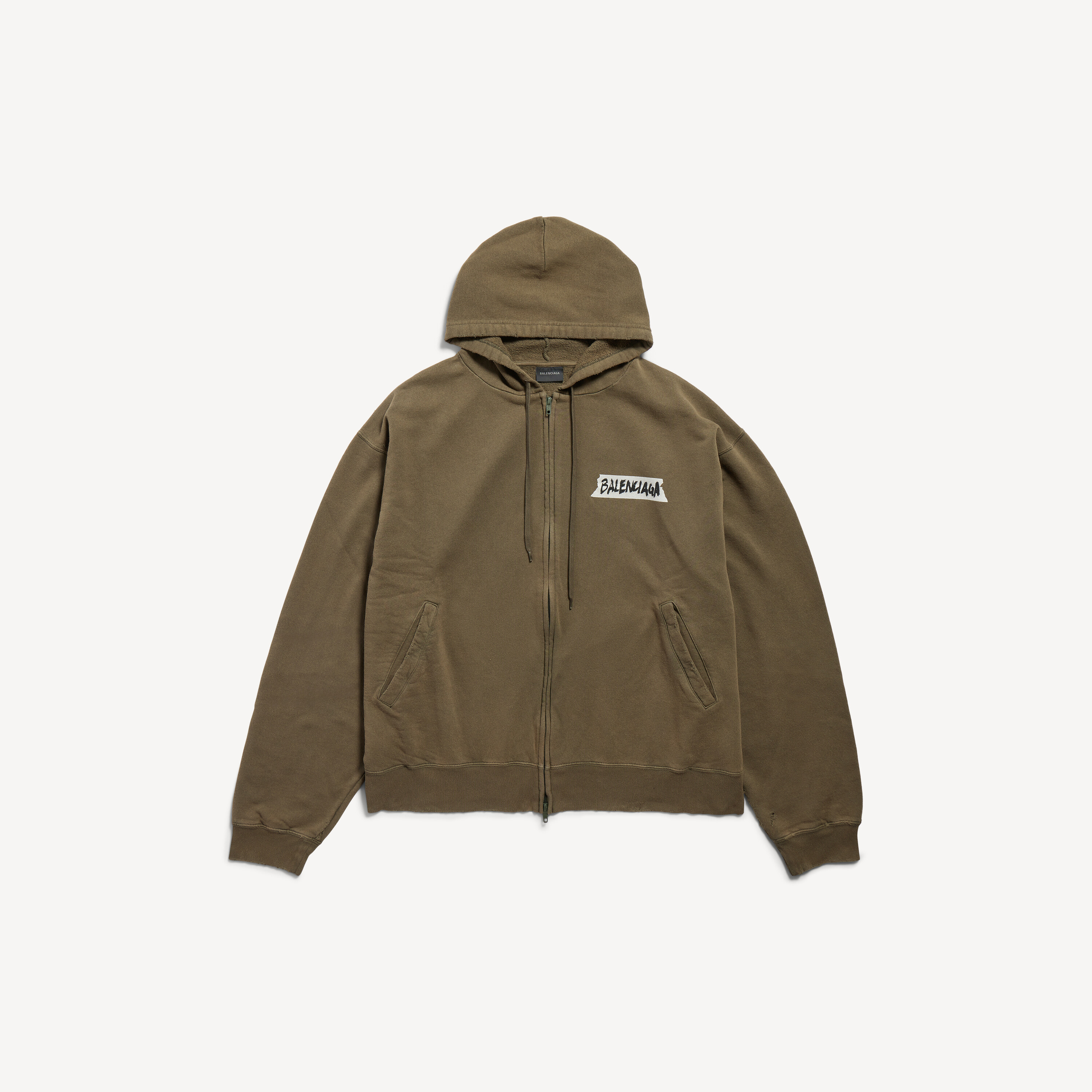 Men's Masking Tape Oversized Zip-up Hoodie in Khaki