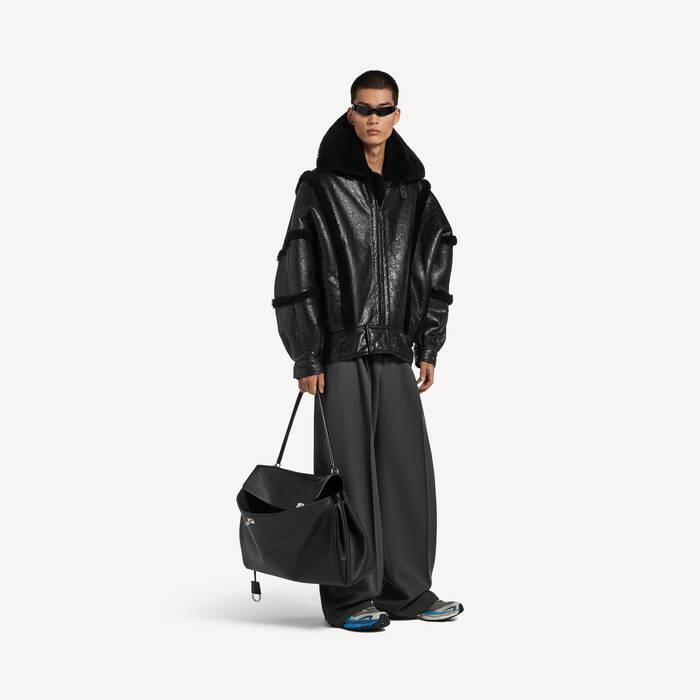 Men's High Collar Leather Jacket With Shearling Details And Lining in Black - Men | Balenciaga Australia EN - Image 3