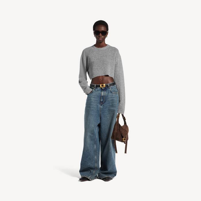 Women's Cropped Crewneck in Heather Grey - Women | Balenciaga Sweden EN - Image 3