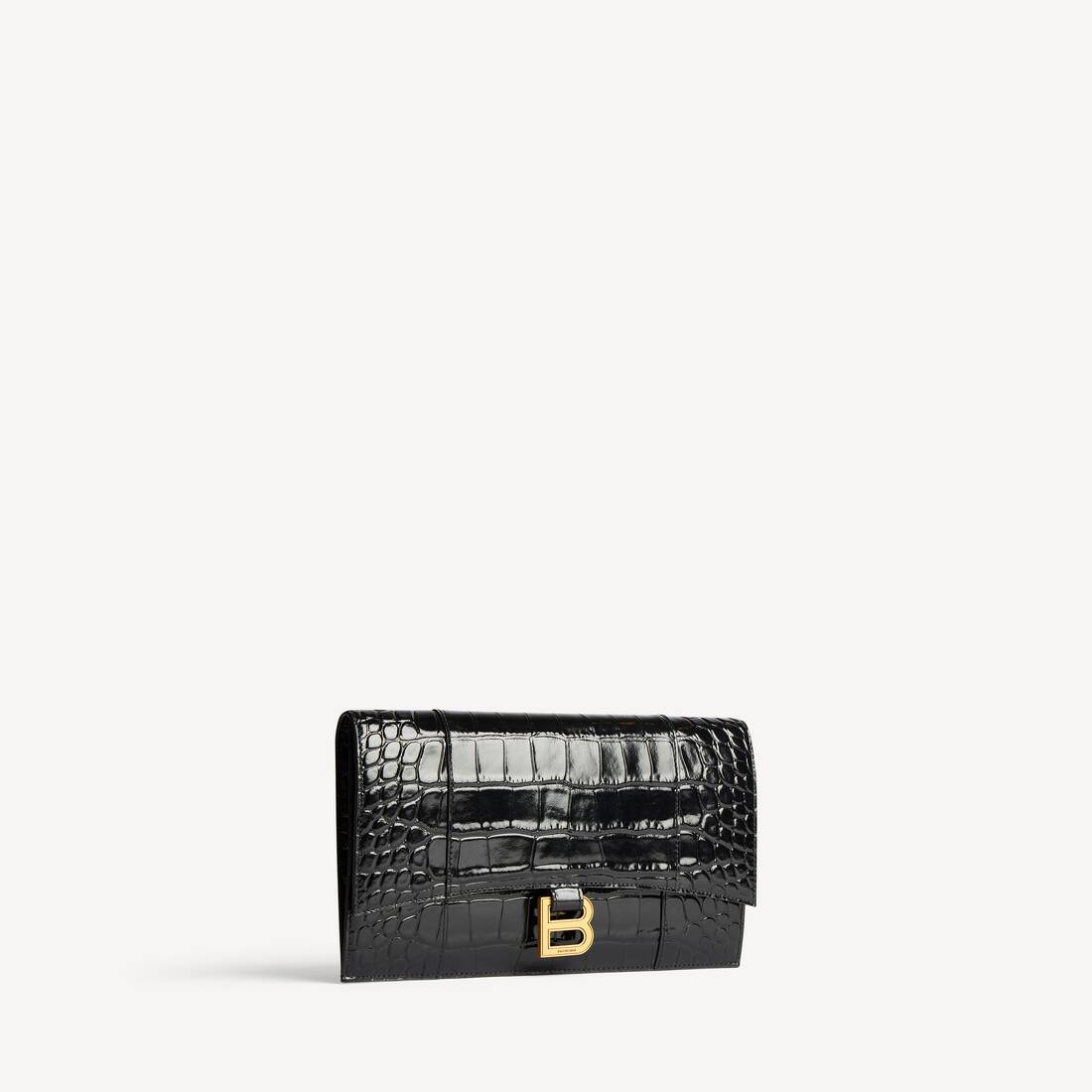 Hourglass Kleine, Flache Pochette Mit &Uuml;berschlag Und Krokodilpr&auml;gung  f&uuml;r Damen in Schwarz | Balenciaga Deutschland DE - Image 2