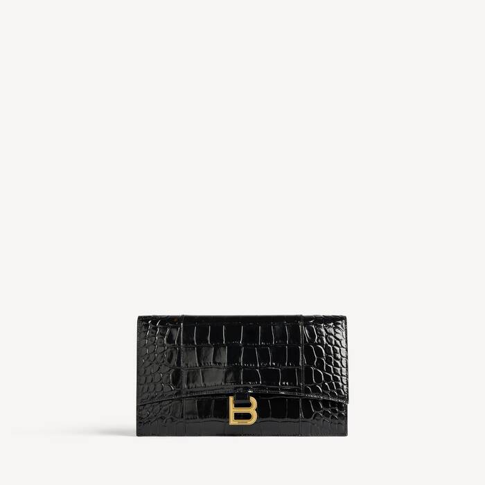 Hourglass Kleine, Flache Pochette Mit &Uuml;berschlag Und Krokodilpr&auml;gung  f&uuml;r Damen in Schwarz - Damen | Balenciaga Deutschland DE - Image 1