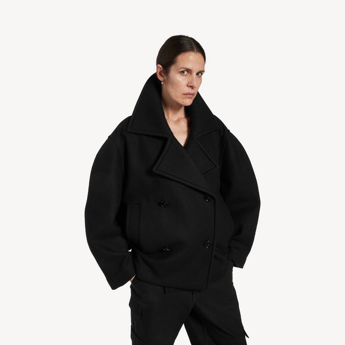Women's Short Cocoon Coat in Black | Balenciaga Japan EN - Image 5