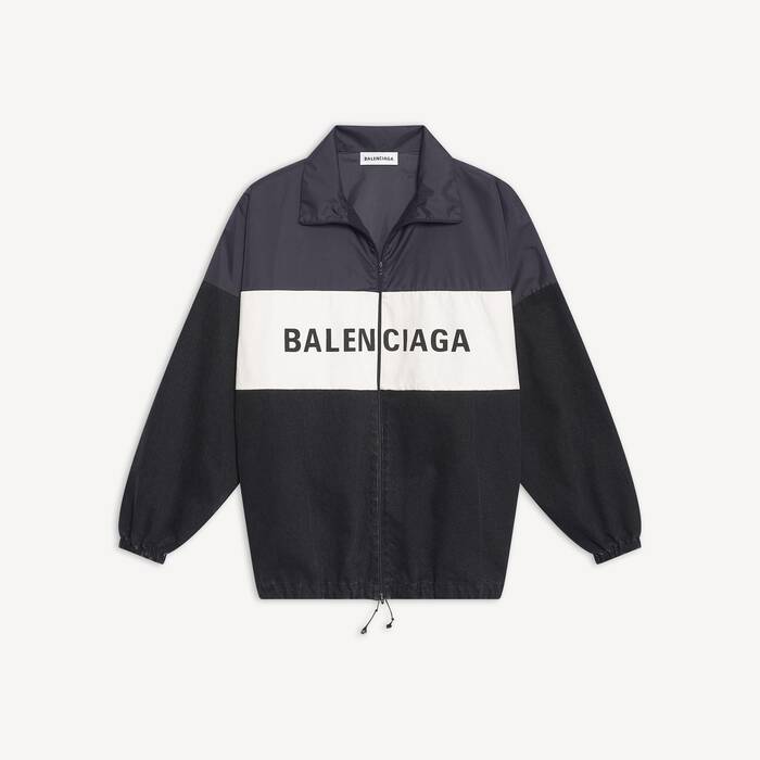 jaqueta de z&iacute;per em denim e nylon com logo