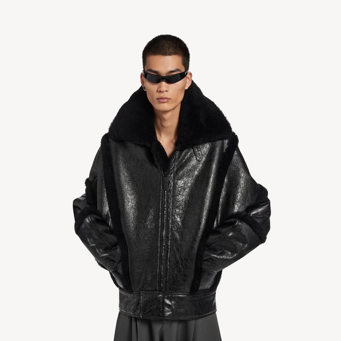 Men's High Collar Leather Jacket With Shearling Details And Lining in Black | Balenciaga Australia EN - Image 5